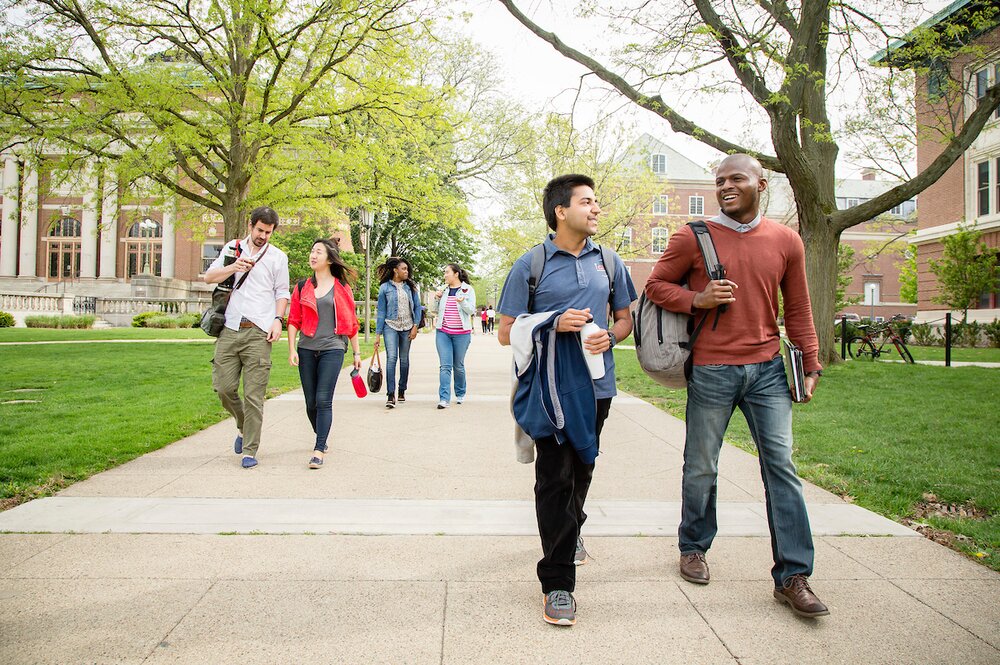 Students walking on the quad